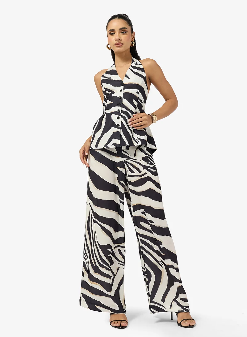 جينجر Halter Neck Animal Print Top & Wide Leg Pant Coord Set